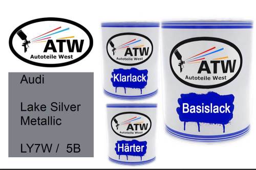 Audi, Lake Silver Metallic, LY7W /  5B: 1L Lackdose + 1L Klarlack + 500ml Härter - Set, von ATW Autoteile West.